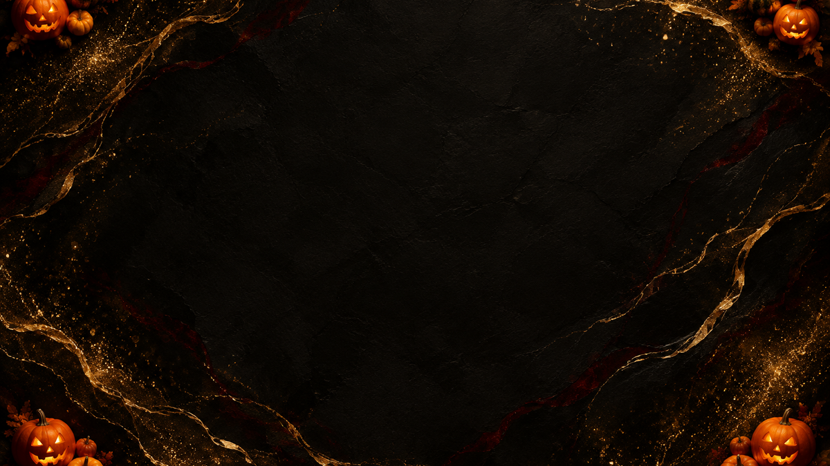 Black-and-gold background with subtle dark red streaks and small orange Halloween pumpkins in all four corners